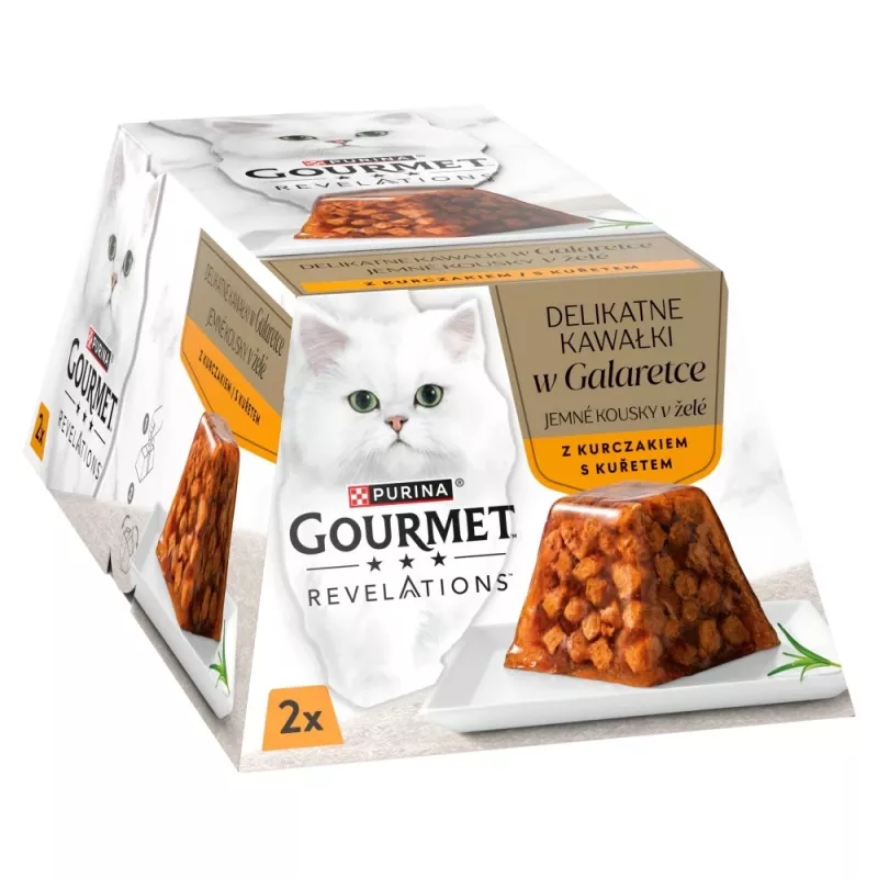Šlapias kačių ėdalas Purina Nestlé Gourmet Revelations gabaliukai želė su vištiena 2 x 57 g, suaugusioms katėms, baltymai 9%, drėgnis 83%