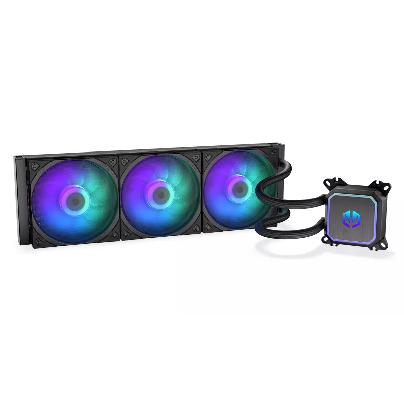 Vandens aušintuvas ENDORFY Navis F360 ARGB Black — 360 mm radiatorius, 3x 120×25 mm ventiliatoriai, 250–1800 RPM, siurblys 1600–2600 RPM, LGA 1700/AM5/AM4