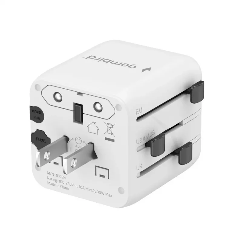 Universalus kelioninis adapteris GEMBIRD TPA-INT-01-W, įvadas 100–250V, G tipo kištukas, 84×56×85 mm