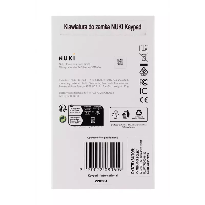 Nuki Keypad, 220284, kodo įvedimo klaviatūra Nuki Smart Lock, juoda