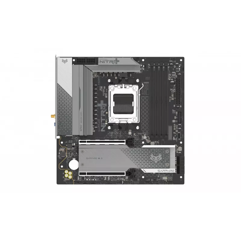 Motininė plokštė Sapphire NITRO+ B850M WIFI — AMD B850, lizdas AM5, micro ATX, DDR5, 4x DIMM, Wi‑Fi 6, 2,5Gb LAN, 2x M.2