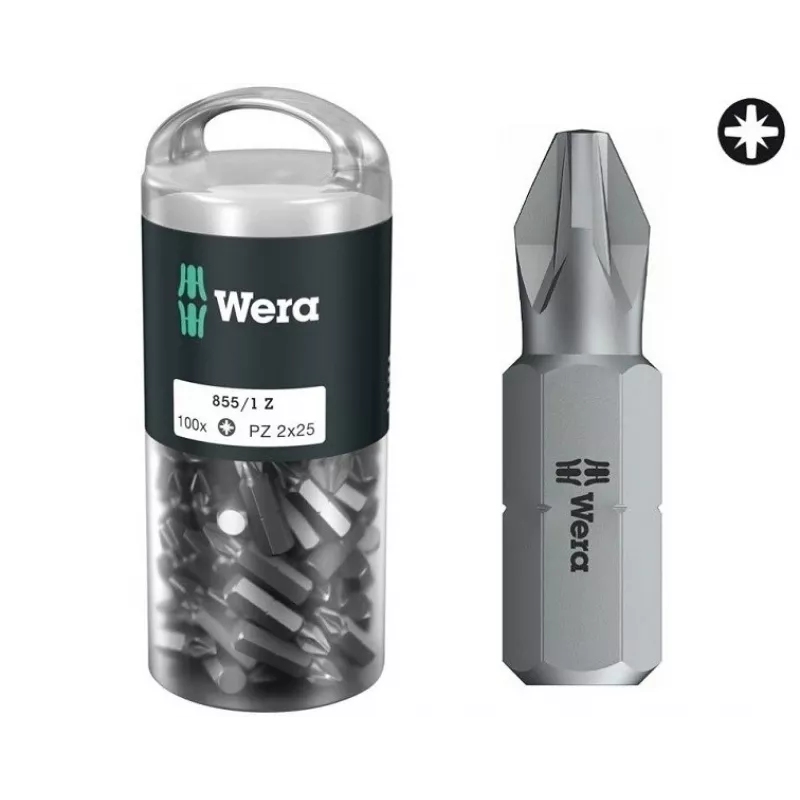Wera 855/1 Z DIY 100 SiS antgalių rinkinys, 100 vnt., PZ 2, 25 mm, 1/4 inch šešiakampis kotas