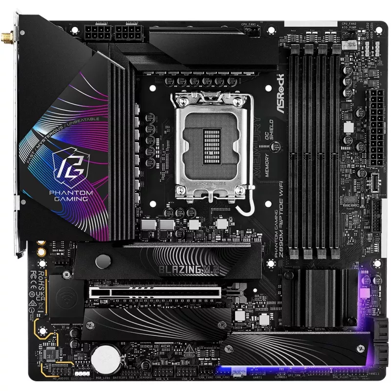 Motininė plokštė ASRock Phantom Gaming Z890M Riptide WiFi — Intel Z890, LGA1851, microATX, DDR5, 4x DIMM, 256GB, Wi‑Fi 6E, 2.5Gb LAN