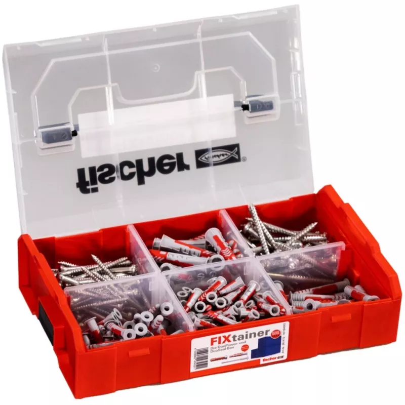 FixTainer - DUOPOWER & DUOSEAL + varžtai, sieninis kaištis šviesiai pilkas/raudonas, 275 vnt.