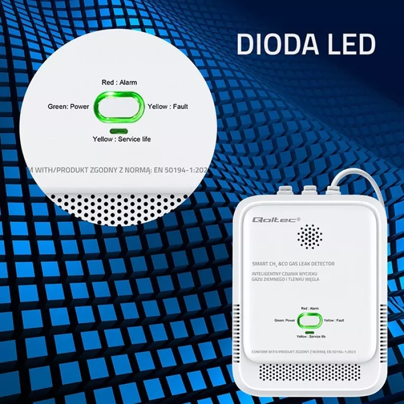 Dujų nuotėkio ir anglies monoksido detektorius su LED indikacija QOLTEC