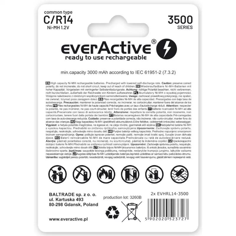 Įkraunamos baterijos everActive R14/C Ni-MH 3500 mAh paruoštos naudojimui