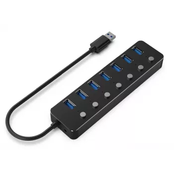 USB šakotuvas Gembird UHB-U3P7P-01, 7 prievadų USB 3.2 Gen 1 (Type-A), 0,24 m laidas, juodas