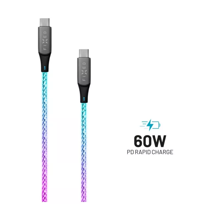 USB-C į USB-C įkrovimo laidas FIXED FIXDLED-CC-RA su PD palaikymu ir fiksuotu ilgiu, integruotas vaivorykštinis LED