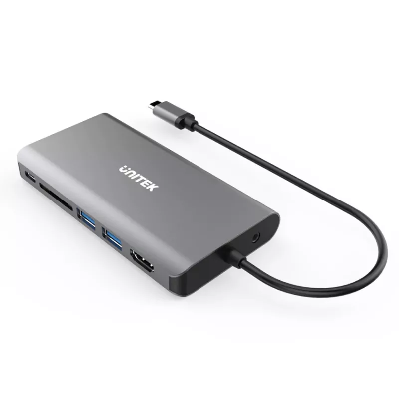 UNITEK uHUB O8+ 8-in-1 USB-C stotelė, pilka, aliuminis, 100W PD