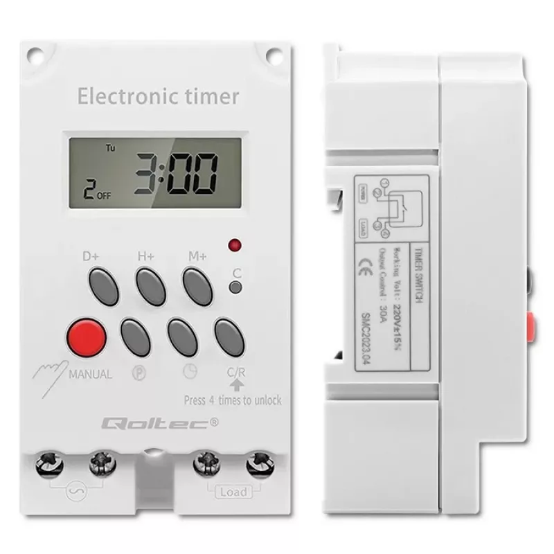 Elektroninis laikmatis DIN bėgiui QOLTEC PC0629 — 24V maitinimas, 16A išėjimas