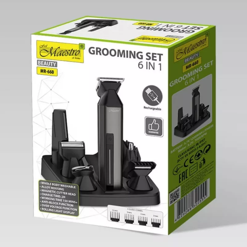 Plaukų kirpimo mašinėlių rinkinys Maestro MR-660 6 viename, įkraunamas per USB, reguliuojamais peiliukais