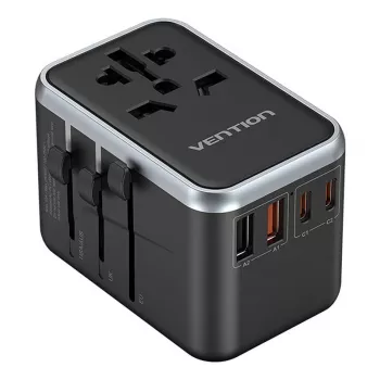 Vention FJFB0 kelioninis maitinimo adapteris 65W – 2× USB-C PD/PPS, 2× USB-A (QC/BC), HDMI išvestis, aliuminis/juodas