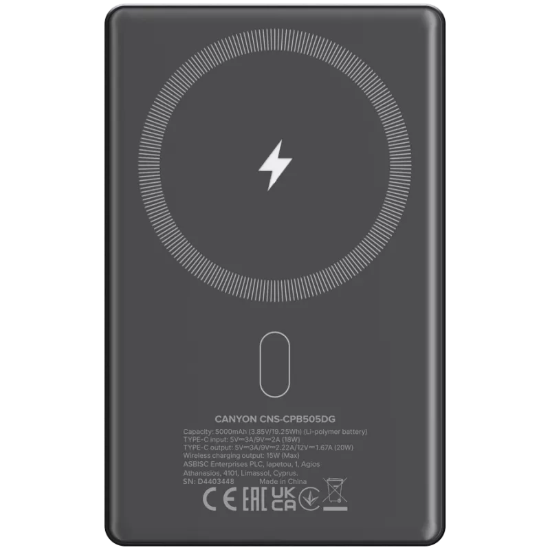 Canyon OnPower 505 - Powerbankas - 5.000 mAh - USB-C įvadas - USB-C PD 20W išvadas + belaidis magnetinis įkrovimas
