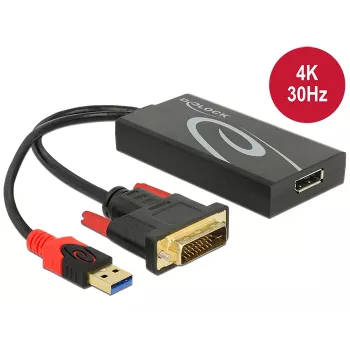 Adapterinis kabelis DVI 24+1 + USB-A / DisplayPort 20p DeLOCK 62596, 0,3 m