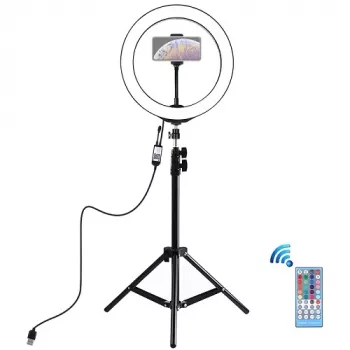 LED žiedinis šviestuvas 26 cm su trikojiu stovu iki 1,1 m ir telefono laikikliu, USB