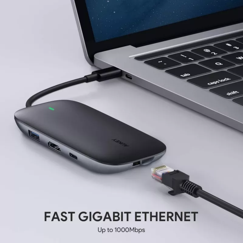 USB-C stotelė nešiojamam kompiuteriui AUKEY CB-C71 — 3x USB‑C (USB 3.2 Gen1), HDMI, RJ‑45, MicroSD, USB PD 100W, 0,15 m kabelis, juoda