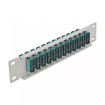Skaidulinės optikos skirstomasis skydas DeLOCK 10 colių 12 prievadų SC Duplex Aqua 1U pilkas