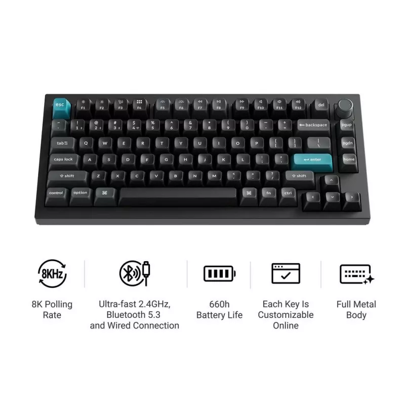 Mechaninė 75% klaviatūra Keychron Q1 Ultra 8K — USB + RF belaidis + Bluetooth, RGB, juoda