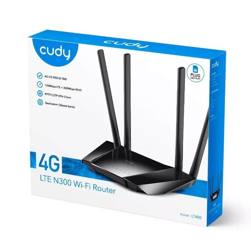 Cudy LT400 belaidis maršrutizatorius 4G LTE, 300 Mbps, 2,4 GHz, Fast Ethernet, juodas