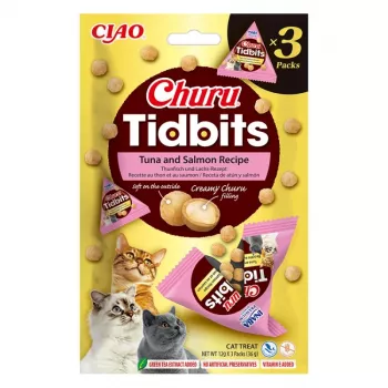 Šlapias skanėstas katėms INABA Cat Churu Tidbits Tuna & Salmon 3×12 g pakelis
