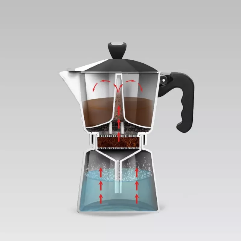 Moka puodas Maestro MR-1666-3-BLACK, rankinis 3 porcijų aliumininis kavos virimo aparatas, 150 ml, juodas