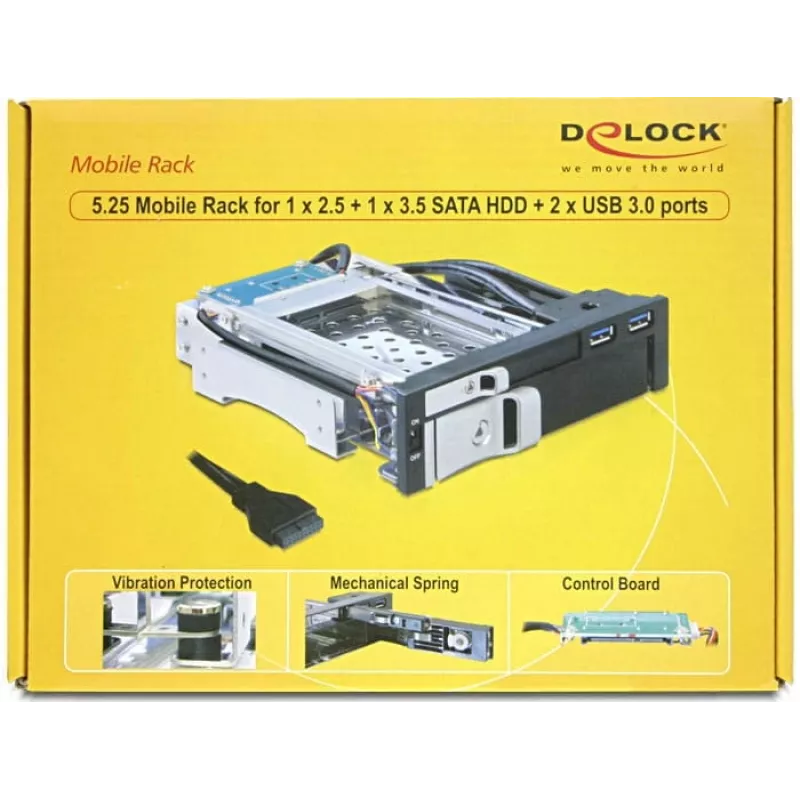 DeLOCK 5,25 colio mobilus krepšelis 1 x 2,5 colio + 1 x 3,5 colio SATA HDD ir 2 x USB 3.0 prievadai (47209)