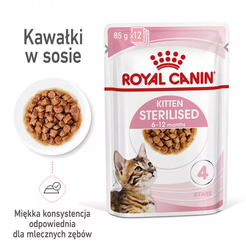 Šlapias kačių ėdalas Royal Canin Sterilised Gravy, 12 x 85 g pakeliai – vištiena, sterilizuotiems kačiukams, 11% baltymų, 80,5% drėgmės