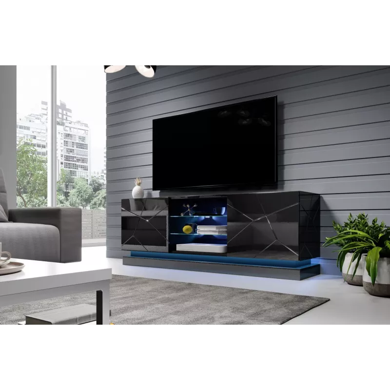 TV spintelė Cama Meble QIU 160 – juodas blizgus MDF, 1600×420×570 mm