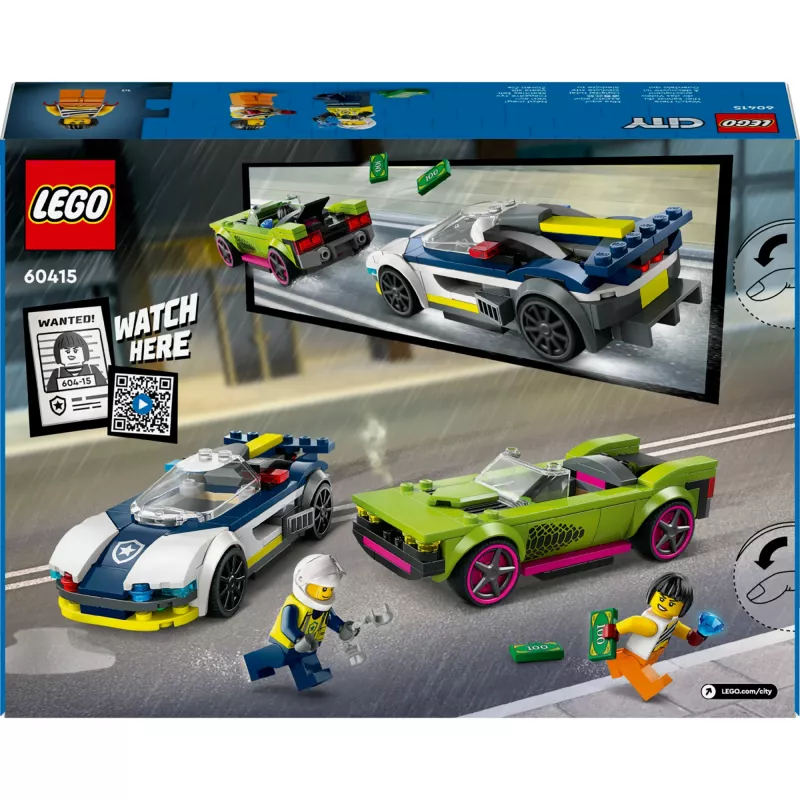 LEGO City 60415 Policijos automobilis ir raketinis automobilis – 213 dalių, 2 minifigūrėlės, nuo 6 metų