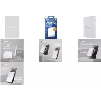 Powerbank Varta Mag Pro Wireless 5000 – LiPo 5000 mAh, 3,7 V, belaidis įkrovimas, 2 įrenginių išvestis, balta