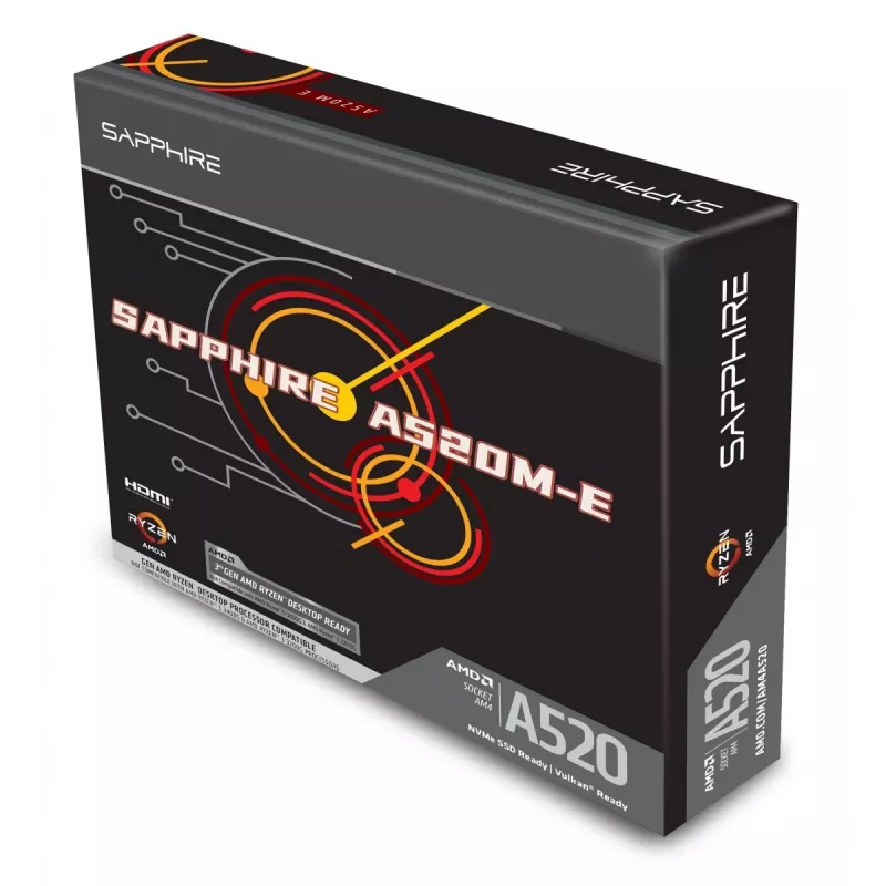 Sapphire A520M-E Micro ATX pagrindinė plokštė, Socket AM4, AMD A520, 2x DDR4 DIMM, max 64 GB, PCIe 3.0 x16/x1, SATA III, Gigabit LAN