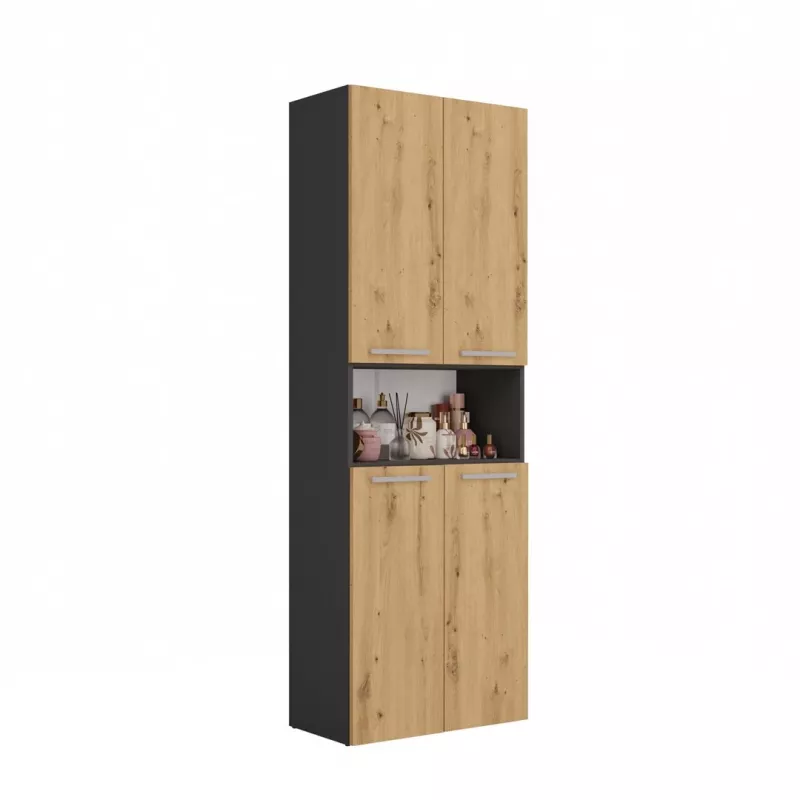 Vonios spintelė Top e Shop NEL 1K DK ANT/ART KP — grafito/ąžuolo, laisvai pastatoma, 5 lentynos, 600×300×1740 mm