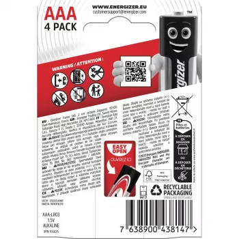 Energizer Batteries Alkaline Max AAA LR03, 4 vnt., Eko pakuotė