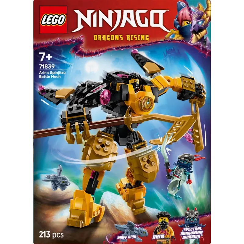LEGO konstruktorius NINJAGO 71839 Arin's Spinjitzu Battle Mech, 213 dalių, 2 minifigūrėlės, aukštis 160 mm