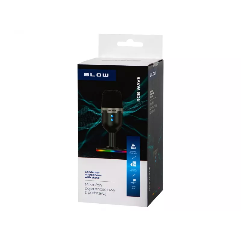 Studijinis mikrofonas BLOW su LED stovu – laidinis USB 2.0, 20–16000 Hz, jautrumas -50 dB, 237 g