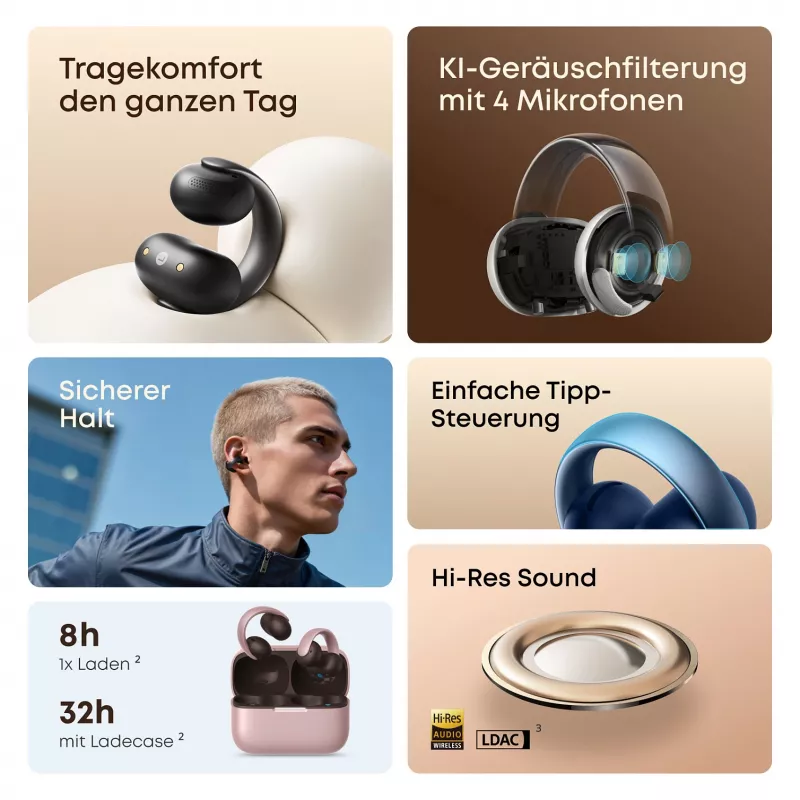 ANKER Soundcore AeroClip mėlyni atviros ausies segtukiniai ausinukai Hi-Res garsas LDAC NC IP55 KI valdomi pokalbiai