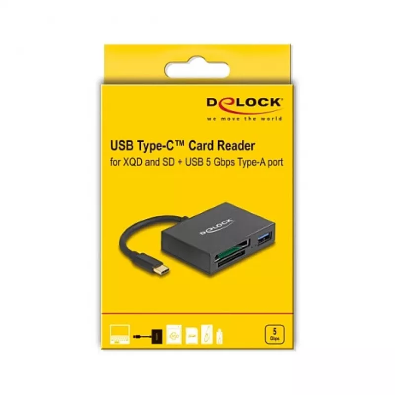 DeLOCK USB-C kortelių skaitytuvas XQD ir SD atminties kortelėms, USB 5 Gbps