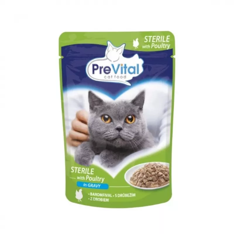Šlapias kačių ėdalas PREVITAL Cat Food Mix 4 skoniai – vištiena, veršiena, lašiša, paukštiena, 96 x 100 g paketėliai (9,6 kg, suaugusioms katėms)