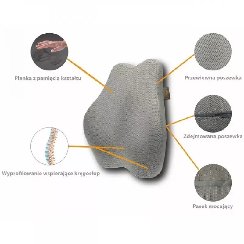 Juosmeninė atraminė pagalvėlė MDH DRQE3S0BBXUXP – ergonomiška iš atminties porolono, 450×410×105 mm, 55 kg/m³, pilka, su dėklu
