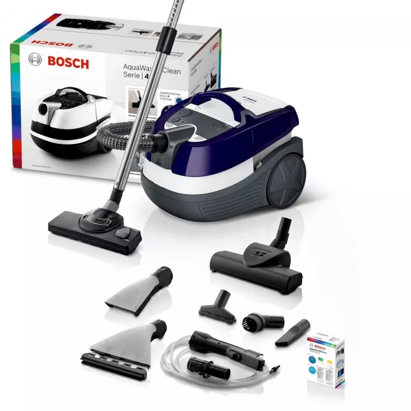 Šlapio ir sauso valymo siurblys Bosch BWD 41740 AquaWash&Clean — 1700 W, 5 L talpa, EPA filtras, teleskopinis vamzdis, 9 m spindulys, violetinė