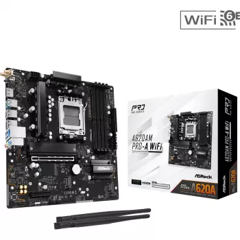Motininė plokštė ASRock A620AM Pro-A WiFi AM5 mATX — AMD A620, lizdas AM5, DDR5 iki 256 GB, Wi‑Fi 6E, 2.5Gb LAN, HDMI 2.1