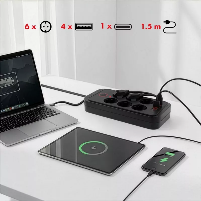 Maitinimo blokas MACLEAN MCE389 B — 6 lizdai, 4×USB-A + 1×USB-C, 110–240V, 2.1A, 2500W, 1.5 m laidas, juodas