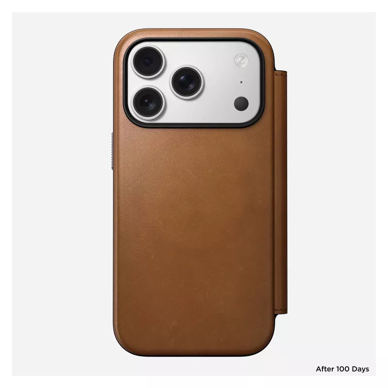 Nomad Modern Leather Folio dėklas iPhone 17 Pro, oda + aliuminis, 6,3 colio (16 cm), Tan, 3 kortelių kišenės