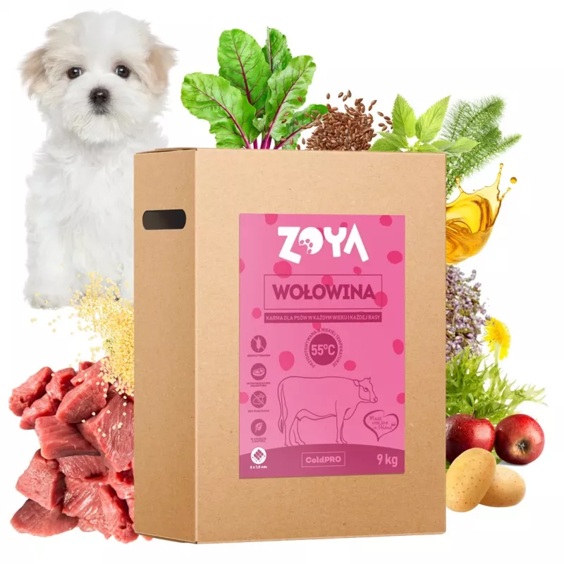 Sausas šunų ėdalas ZOYA ColdPRO Beef 9 kg — pilnavertis suaugusių šunų maistas, 27% baltymų, 9,5% riebalų, be glitimo, be cukraus