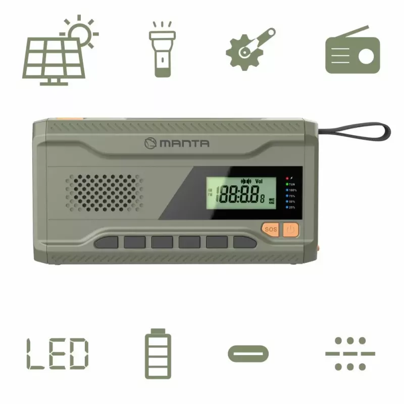 Nešiojamas FM radijas MANTA RDI401G su saulės baterija, dinaminiu sukimu, 4000–4500 mAh akumuliatoriumi, 5V USB išėjimu, 3W, žibintuvėliu