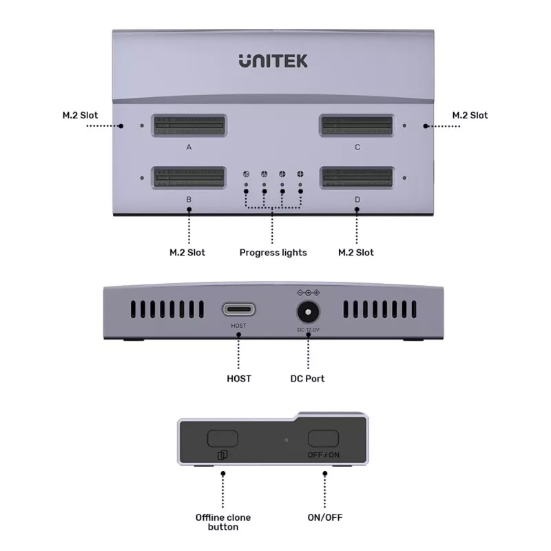 UNITEK USB4 4-jų lizdų M.2 SSD doko stotelė