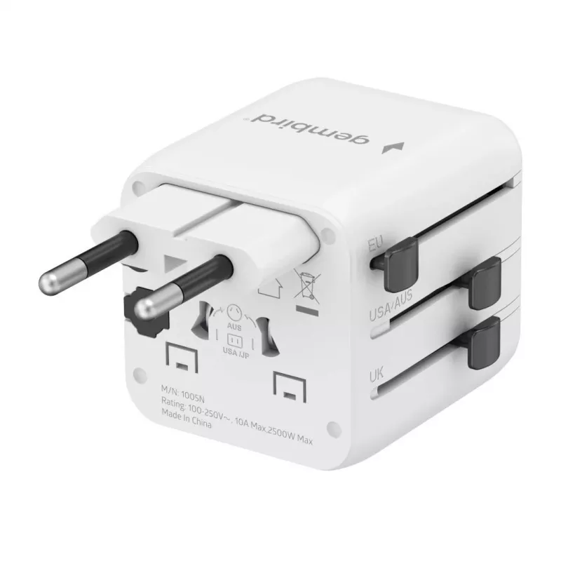 Universalus kelioninis adapteris GEMBIRD TPA-INT-01-W, įvadas 100–250V, G tipo kištukas, 84×56×85 mm