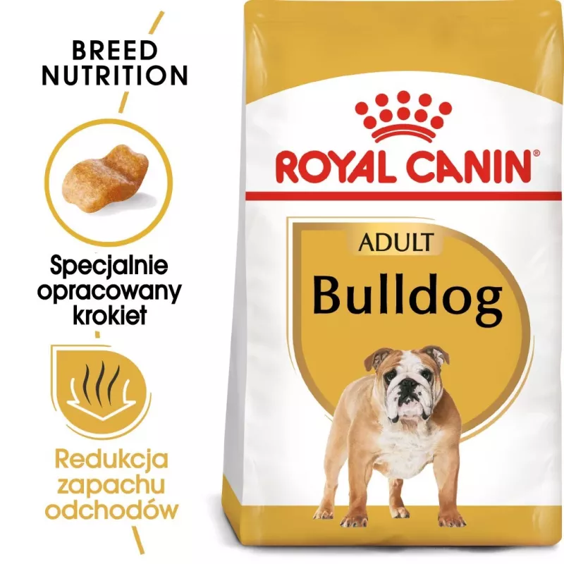 Sausas šunų ėdalas Royal Canin Bulldog Adult 12 kg – suaugusiems buldogams, vištienos skonis, 24% baltymų, 14% riebalų