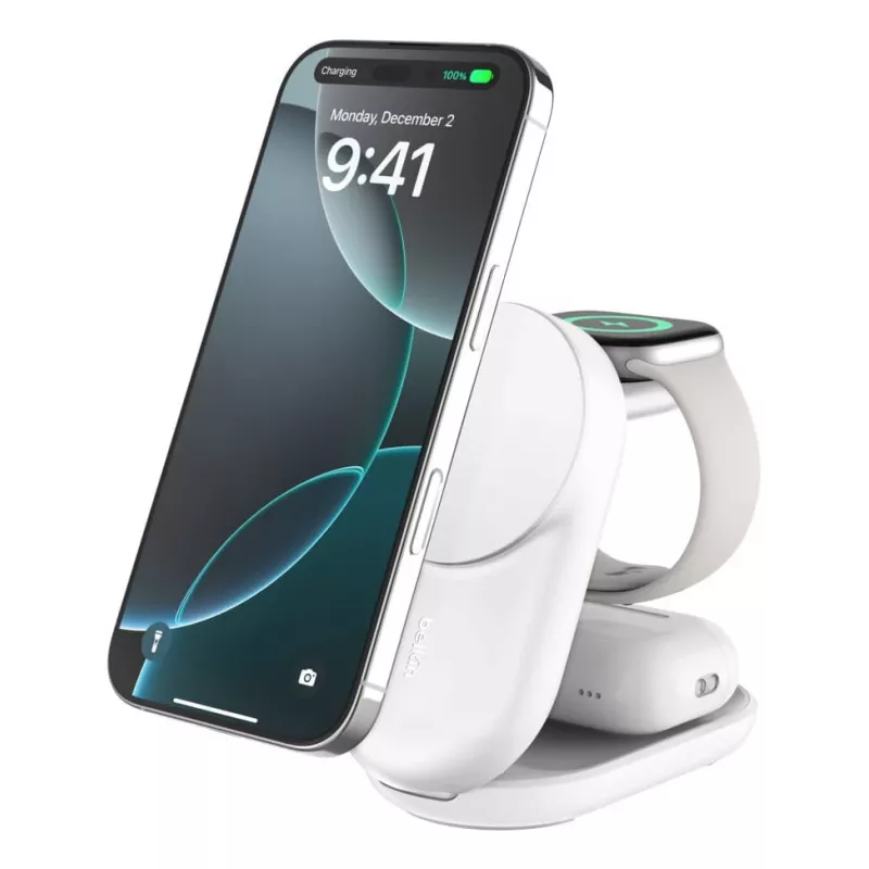 Vidinis belaidis įkroviklis Belkin UltraCharge 25W Qi2 3in1 Magnetinis apvalus baltas EU
