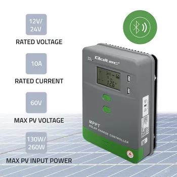 MPPT Saulės įkrovos valdiklis QOLTEC 10A 12V/24V su LCD ekranu